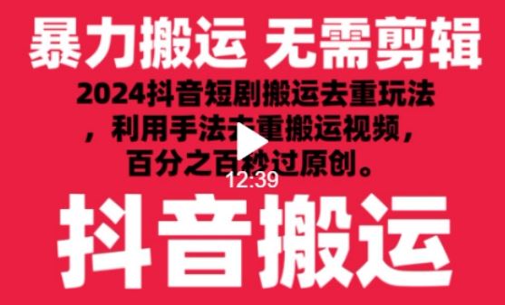 2024最新抖音搬运技术，抖音短剧视频去重，手法搬运，利用工具去重，达到秒过原创的效果【揭秘】-云库资源
