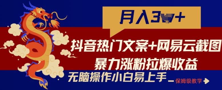 抖音热门文案+网易云截图暴力涨粉拉爆收益玩法，小白无脑操作，简单易上手【揭秘】-云库资源