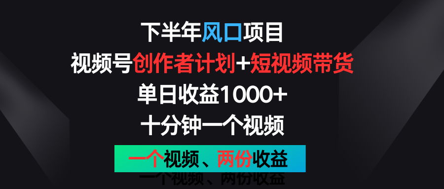 下半年风口项目，视频号创作者计划+视频带货，单日收益1000+，一个视频两份收益-云库资源