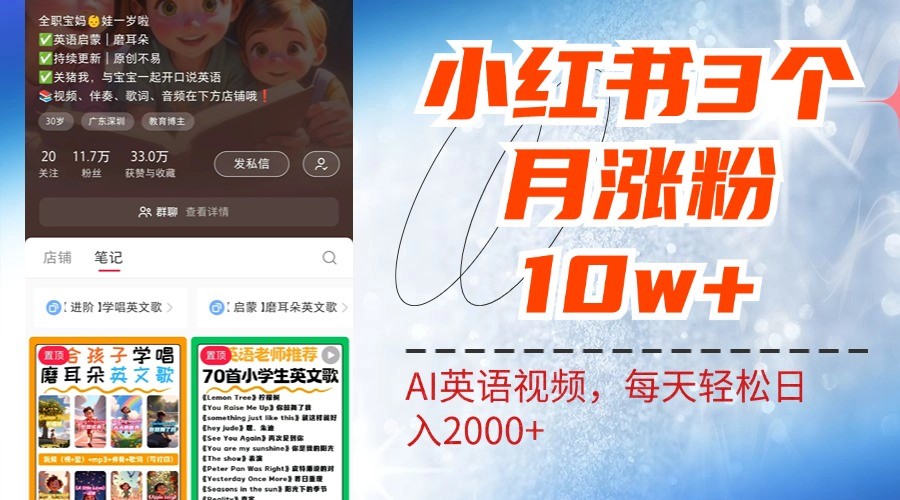 小红书三个月涨粉10W，AI英语视频0成本制作，每天轻松日入2000+-云库资源