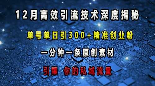 最新高效引流技术深度揭秘 ，单号单日引300+精准创业粉，一分钟一条原创素材，引爆你的私域流量-云库资源