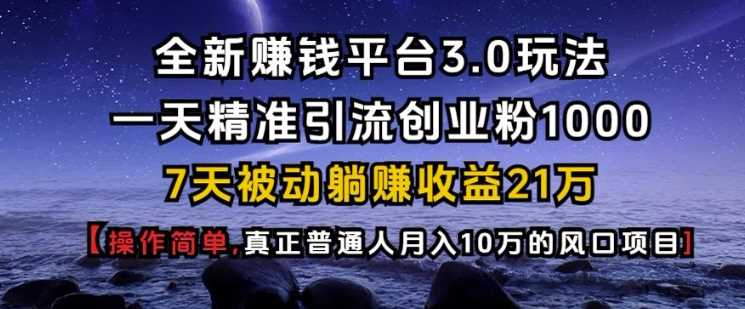 全新赚钱平台3.0玩法一天精准引流创业粉1000.7天被动躺Z收益21W【仅揭秘】-云库资源