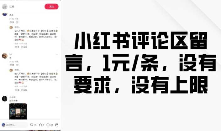小红书评论区留言，1元条，没有要求，没有上限-云库资源