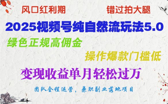 2025视频号纯自然流玩法5.0，绿色正规高佣金，操作爆款门槛低，变现收益单月轻松过万-云库资源
