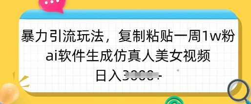 暴力引流玩法，复制粘贴一周1w粉，ai软件生成仿真人美女视频，日入多张-云库资源