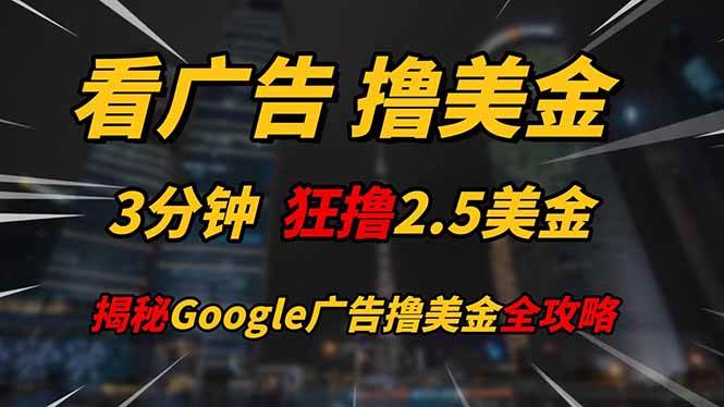 （14701期）看广告，撸美金！！3分钟赚2.5美金！！日入200美金不是梦！揭秘Google…-云库资源