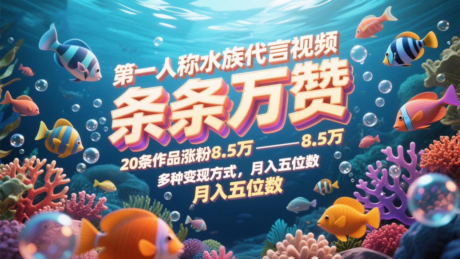 第一人称水族代言视频，条条万赞，20条作品涨粉8.5万，多种变现方式月，入五位数-云库资源