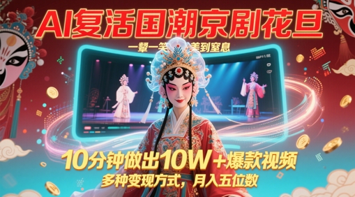 AI复活国潮京剧花旦，一颦一笑美到窒息，10分钟做出10W+爆款视频，多种变现方式，月入五位数-云库资源