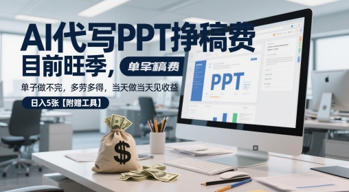 AI代写PPT挣稿费，目前旺季，单子做不完，多劳多得，当天做当天见收益，日入5张【附赠工具】-云库资源