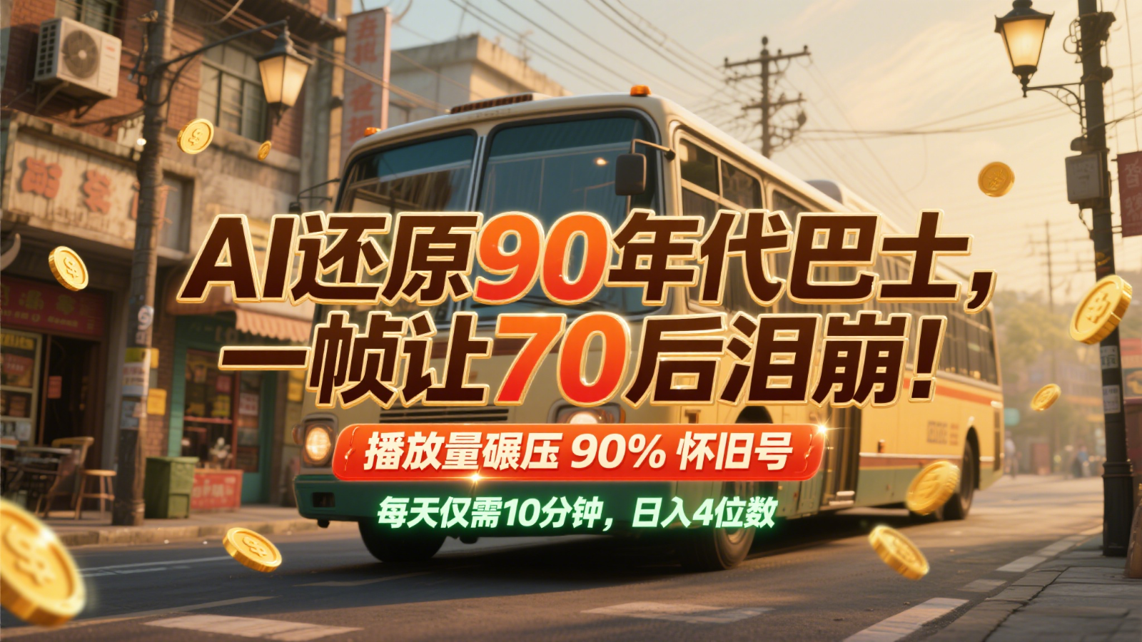 AI还原90年代巴士，一帧让70后泪崩！播放量碾压90%怀旧号，每天10分钟，日入4位数-云库资源